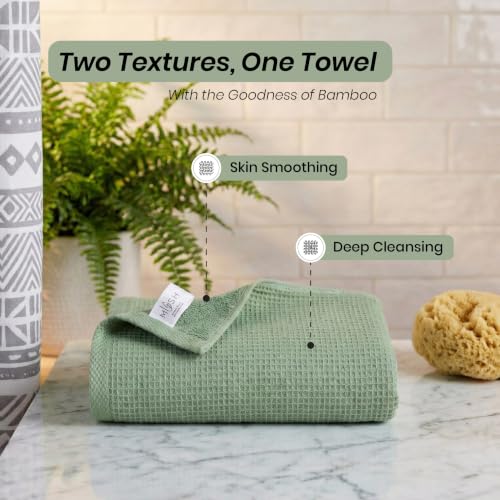 Image of Mush Bamboo Dual Texture Waffle Terry Bath Towel | 500 GSM Ultra Soft, Highly Absorbent, Quick Dry Towels | Large Towels for Bath, Gym, Spa | Olive Green (70x140 cm)