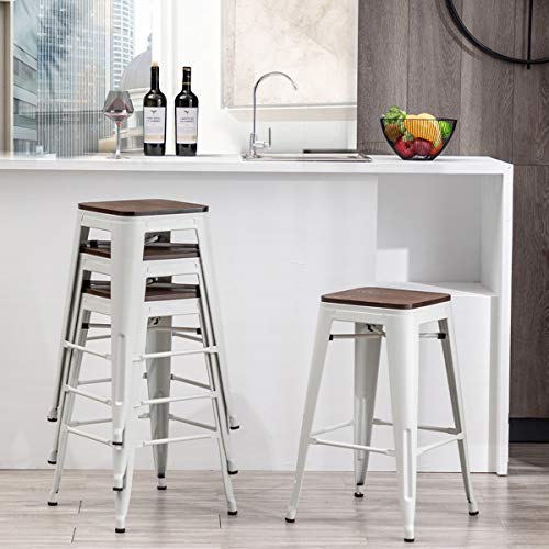 Alunaune 26" Metal Bar Stools Set Of 4 Industrial Backless Counter Height Barstools Stackable Kitchen Patio Stool Wood Top-White #TOP2