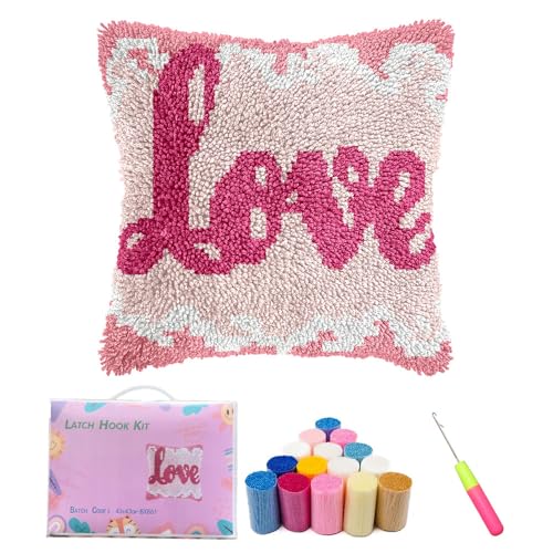 Kaseremy Latch Hook Cushion Kits for Adults Beginners, Love Cushion Covers for Crafting, Crochet Craft Kits DIY Cute Pillow Case Sofa Home Decor, Valentine's Day Thanksgiving Day Gift for Women