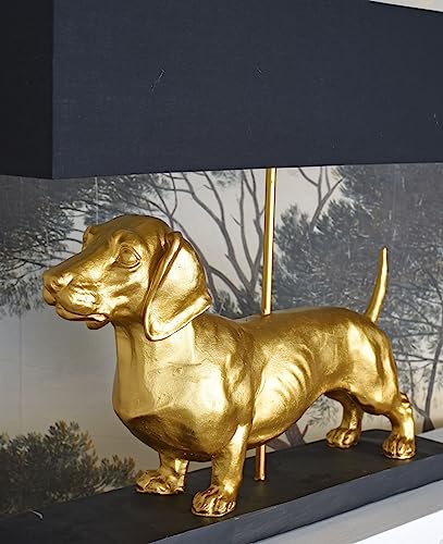 PALAZZO INT Tischlampe „Villa Dachshund“ – Dackel Lampe in Gold mit Stoffschirm | Design-Tischleuchte mit Hundefigur | Handbemalt | E27-Fassung max. 60W | 60 cm breit
