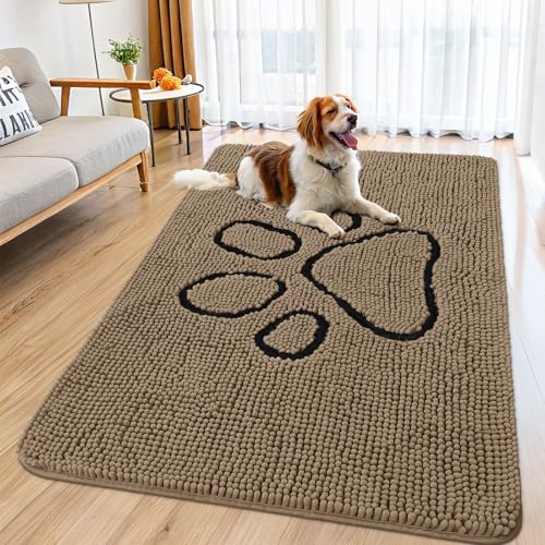 Image of Smiry Dog Door Mat for Muddy Paws, Absorbent Dirt Trapper Non Slip Quick Dry Washable Chenille Mat for Mud Dogs, Entry Rug for Indoor and Outdoor (59x32 Inches, Camel and Black)