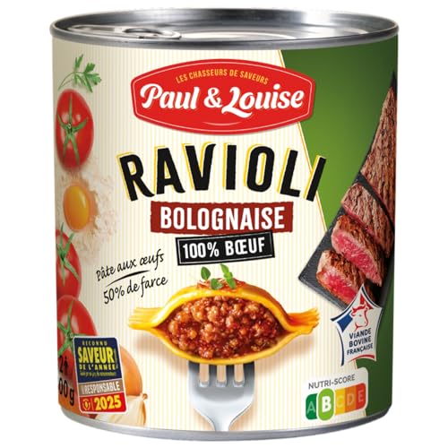 Paul & Louise Ravioli Bolognaise 800g - Pâte aux œufs – 50% de farce - 100% viande origine France - Sans colorant - Sans arôme artificiel - Nutriscore B