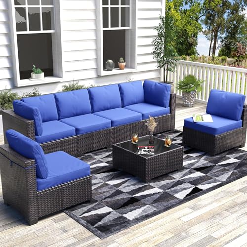 7 Piece Outdoor Patio Furniture Set, PE Rattan Conversation Sofa Set, Wicker Patio Set w/Thick Cushions & Glass Top Coffee Table, All-Weather Outside Furniture for Garden, Balcony, Porch(Brown+Blue)