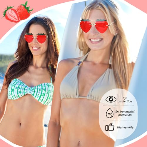 Strawberry Shape Sunglasses Red Strawberry Rimless Sunglasses Fruit Theme Party Prom Accessories Costumes Glasses for Women Summer Holiday Birthday, Set of 24
