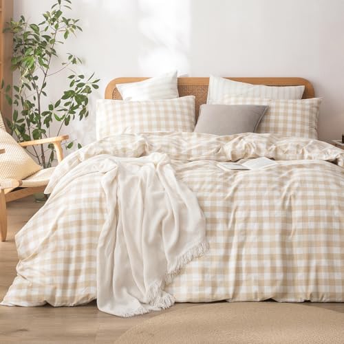 Image of BESTOUCH Gingham Cotton Duvet Cover Set Almond Grey Twin | Washed Cotton, Linen Feel, Soft Wrinkle Texture, Hidden Zipper, 8 Ties, Breathable Lightweight Durable Comfy, 2 Pcs No Insert