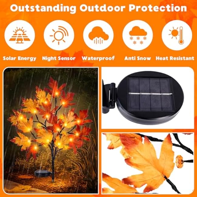 Fall Solar Pathway Lights 2PCS, Autumn Outdoor Harvest Decorations, Waterproof Maple Leaves Lights for Lawn Yard Garden Patio Walkway Driveway Porch Landscape Lighting Auto On/Off