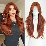 7JHHWIGS 28in Auburn Red Long Wavy Curatain Bangs Wigs Natural Reddish Brown Heat Resistant Synthetic Fiber Women Long Wacy Curly Wigs for Chrismas Daily Party Daily Used