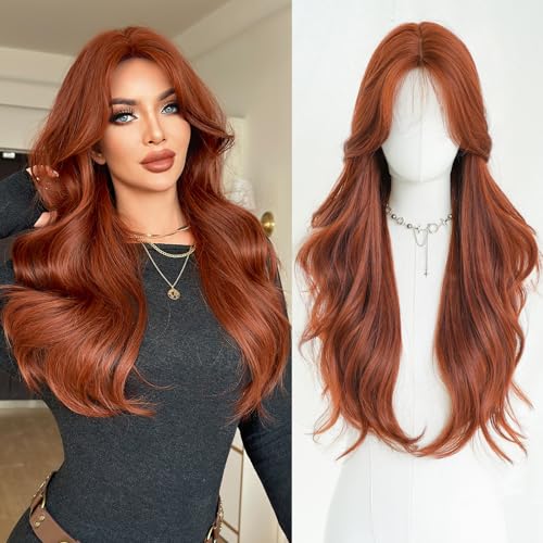 7JHH WIGS 28in Auburn Red Heat Resistant Long Wavy Curtain Bangs Women's Wig