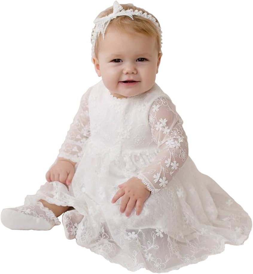 Girl's Lace Baptism Dress Gown Christening Outfits Suit 4Pcs with Shoes and Hats