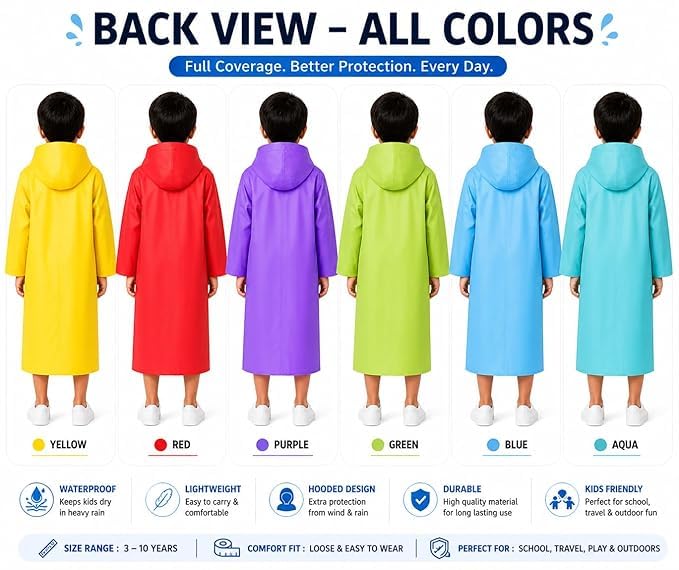 Image of W+ Kids Waterproof Raincoat for Boys & Girls | Full Length Hooded Rain Wear | Lightweight PVC Monsoon Rain Coat for Children (Green)