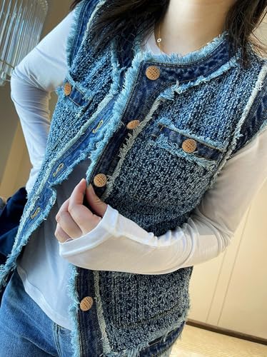 Women's Retro Hook Flower Fur Edge Tweed Denim Vest Sleeveless Tassel Single-Breasted Denim Jackets With Pockets3