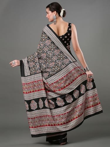 Image of SAREE MALL Women's Ajrak Block Print Dola Silk Saree With Unstitched Blouse Piece