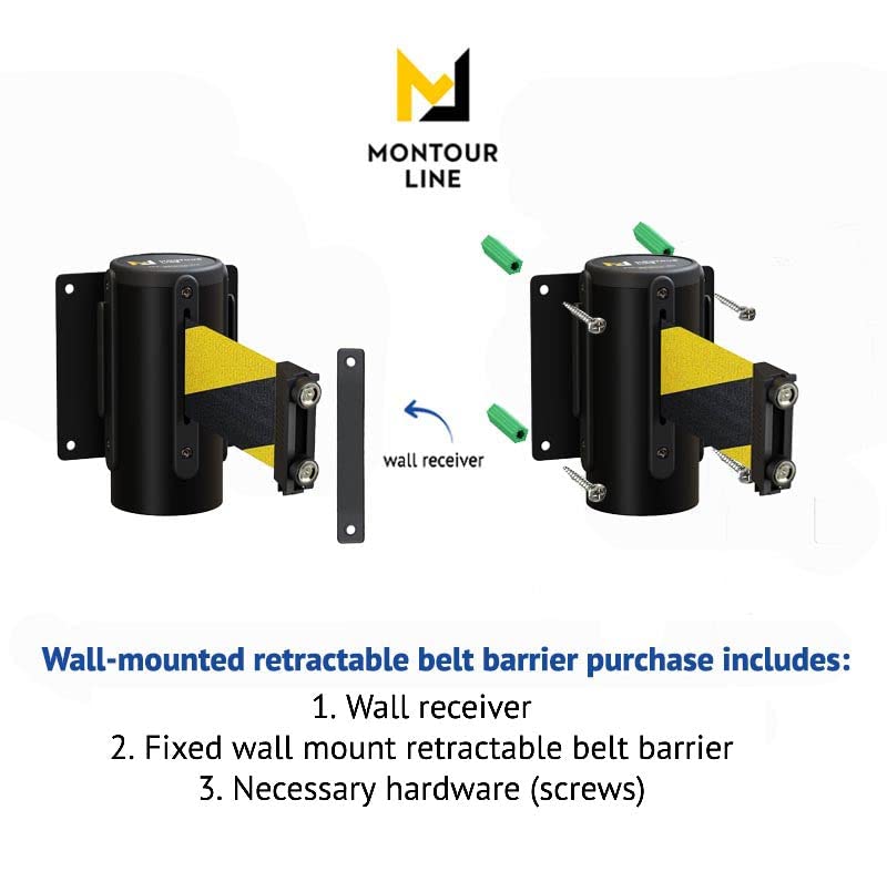 Montour Line WM115 Wall Mounted Retractable Belt Barrier with Magnetic Belt End, Fixed Mount, Black Casing (8.5 ft Black Belt)