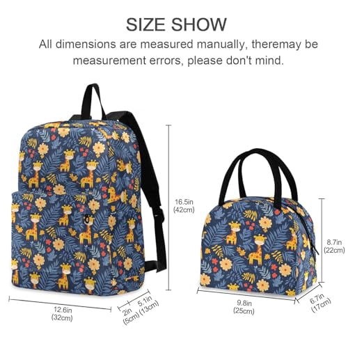 Giraffe Cartoon Print Backpack Set with Lunch Bag, Large Capacity Travel Backpacks and Lunch Box Insulated for Commute Hiking Picnic2