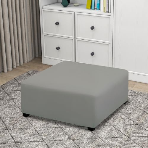 Image of PureFit Super Stretch Form Fit Square Ottoman Cover Rectangle - Ottoman Slipcovers for Foot Stool & Folding Storage Furniture for Living Room with Nonslip Elastic Bottom (Medium-XL, Light Gray)