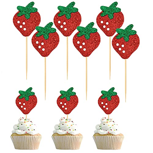 24 Pcs Fruit Strawberry Cupcake Toppers Hawaii Themed Party Birthday Party Decoration Cake Supplies Mgpferd #TOP14