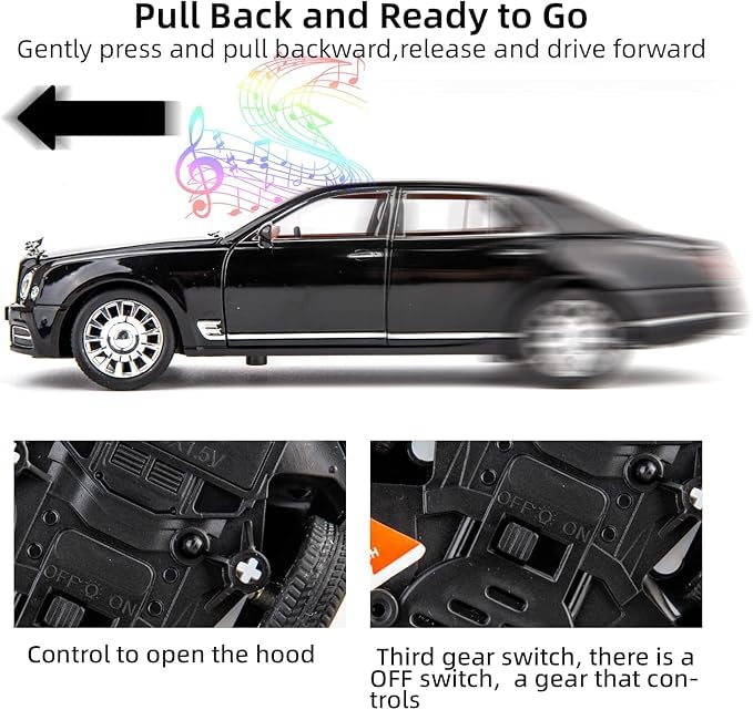 Image of Bentley MULSANNE 1:24 Diecast Scale Model Metal Pull Back Toy car for Kids with Openable Doors & Light, Music Toy Vehicle for Kids (Black)
