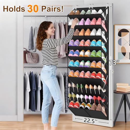 20-30 Pairs Over the Door Shoe Organizer, Clear Pockets Hanging Shoe Storage for Closet, 10-Tier Door Shoes Rack, Handing Shoes Holder Fit All the Family's Sneakers, Boots, Heels, Black - Image 3