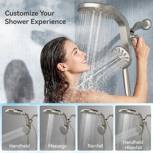Image of INAVAMZ High Pressure Rain Shower Head Combo with Magnetic Handheld Nickel | Dual Shower System with Rainfall Showerhead and 8-Spray Handheld, Magnetic Dock, Adjustable Angle, Power Jet for Cleaning