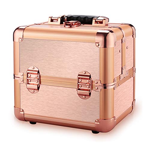 Ovonni Professional Portable Small Makeup Train Case, Artist Lockable Aluminum Cosmetic Organizer Storage Box with Compartments (Rosegold 1)