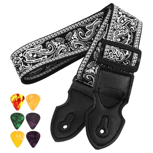 GALPADA Correa para Guitarra Ajustable Bordado de Carbono Negro y Blanco Incluye 6 Púas de Celuloide 12...
