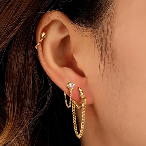 YADOCA 4 Pairs Chain Earrings for Women CZ Ball Bar Huggie Hoop Piercing Dangle Chain Stud Earring Set Gold Silver Rose Gold2