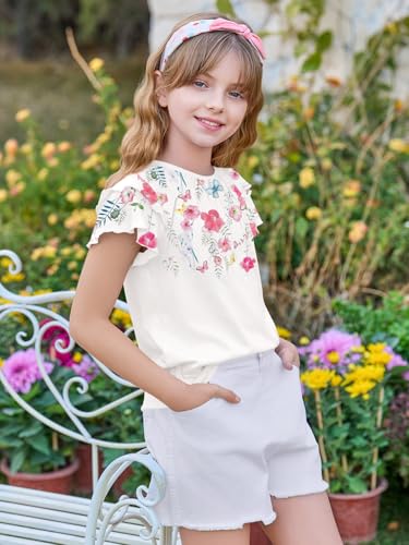 Image of Haloumoning Girls Pleated Ruffle Short Sleeve Shirts Kids Summer Crewneck T-Shirts Fashion Tops Tees 5-14 Years