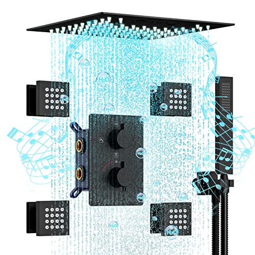 BZXYN Matte Black Thermostatic Rain Shower System with Body Jets, LED Smart Ceiling Rainfall Shower System, All-in-one Handheld Hold Rain Mixer Full Body Shower System (Black,12 ×12 Inch) BZXYN Matte Black Thermostatic Rain Shower System with Body Jets, LED Smart Ceiling Rainfall Shower System, All-in-one Handheld Hold Rain Mixer Full Body Shower System (Black,12 ×12 Inch)