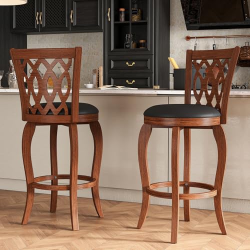 Image of 29 inch Bar Stools Set of 2, Bar Height Swivel for Kitchen Island, Farmhouse Barstool Counter Chair with Back and Footrest, Upholstered Wood Barstools, Brown
