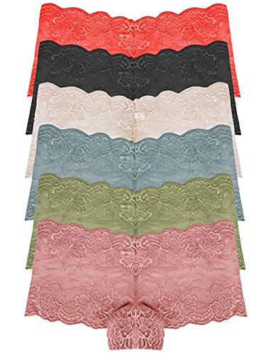 RUNYA Womens Lace Boyshort Panties Sexy Lingerie Underwear Briefs , Pack of 6 (6 colors, Small)