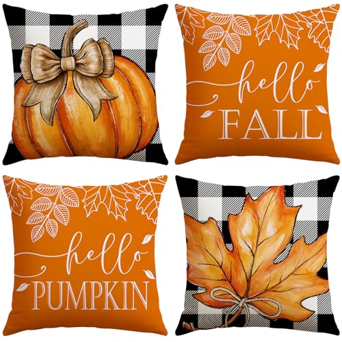 Artscope Fall Pillow Covers 16x16 Inch Set of 4, Hello Fall Hello Pumpkin Buffalo Plaid Maple Leaves Harvest Outdoor Decorative Farmhouse Pillow Cases for Home Sofa Couch-Orange B