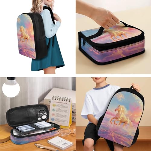 JoyLamoria Horse Print Messenger Bag Large Capacity Backpack Pencil Bag Shoulder Bag with Adjustable Strap, Pack of 34