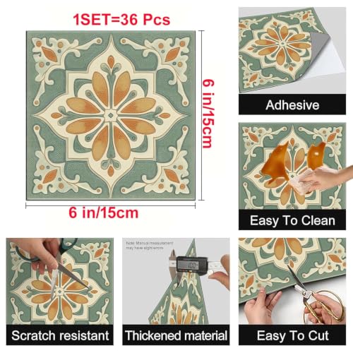 Image of Moroccan Tile Stickers | Waterproof Self Adhesive Peel & Stick Tile Decals for Kitchen Backsplash, Bathroom Wall, Floor, Furniture & Glass (6x6 Inch, Design 2, 40 Pic)