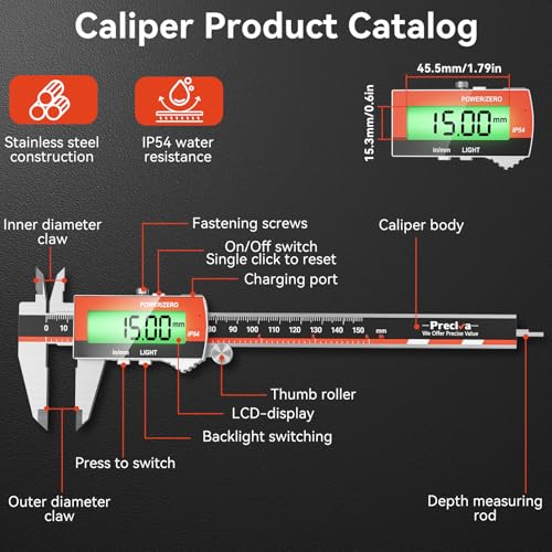 Preciva Digitaler Messschieber (wiederaufladbar), 150 mm Schieblehre Digital Edelstahl, elektronischer Messschieber, LCD-Display, für Industrie-, Elektro-, Bastler- und Automobilanwendungen