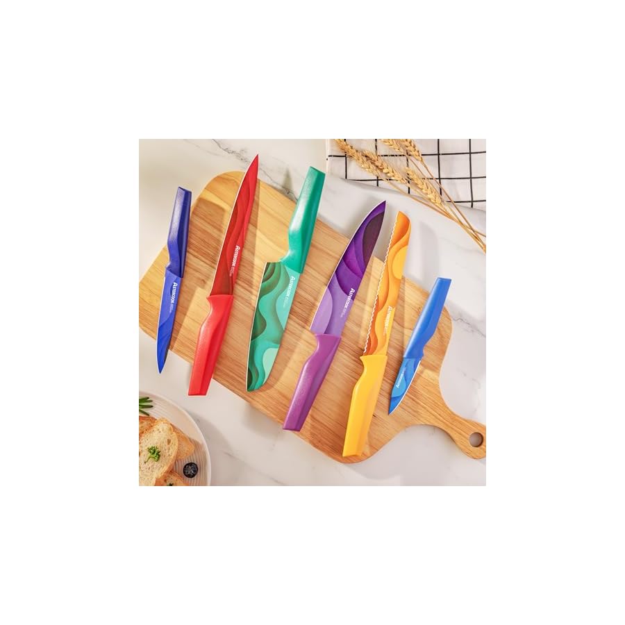 Astercook Fantasy Space Pattern Knife Set with Cover, Dishwasher Safe Colorful Knives with 6 Knife Sheath, German Stainless Steel Rainbow Knife Set
