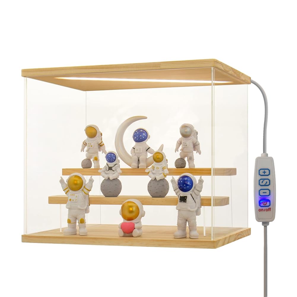 QXRSOPClear Acrylic Display Case with 3-Color Light 3 Level Stand Display Box with Wooden Base Countertop Dustproof Showcase for Display Collectibles Toy Doll Glasses