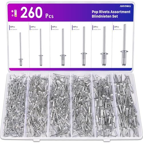 ANVINKU 260 Stück Blindnieten Set Nieten Aluminium Blindnieten M3.2/M4/M4.8 Popnieten Alu Nieten Set für Metall Holz Möbel und Schiffsbau