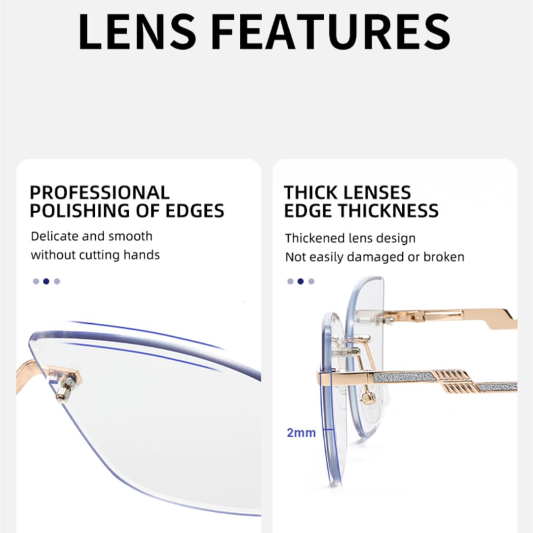 Gafas de sol de lujo sin montura con filtro de luz azul y efecto ojo de gato para mujer.