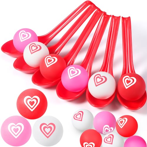 PullCrease 24 Pack Valentine Spoon Relay Race Toy Set for Adults, Valentine Heart Ball and Spoon Race Game for Valentine's Day Indoor Outdoor Party Supplies Favors(Red)