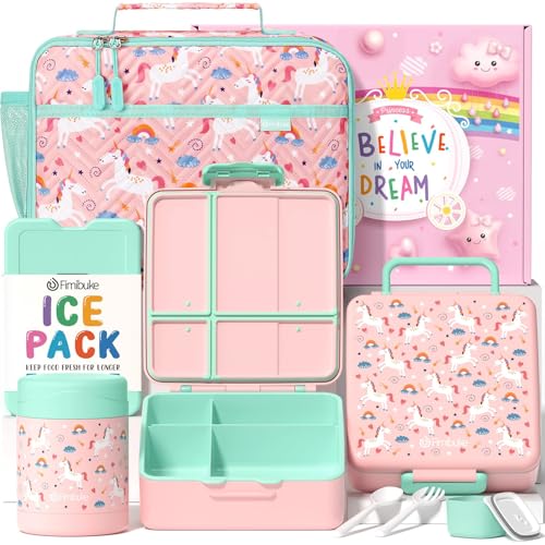 Fimibuke Kids Bento Snack Lunch Box with 4 Compartments, Insulated lunch Bag, Stainless Steel Thermos Food Jar, Ice Pack & Utensils, Unicorn Birthday Gift for Age 3-12 Back to School Toddler Girl Boy