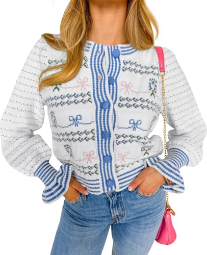 Saodimallsu Womens Cropped Cardigan Striped Puff...