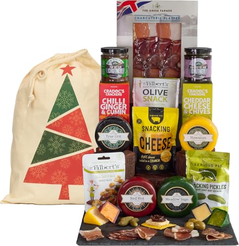 InterCheese | Christmas Charcuterie Meat Platter and 12 Item Cheese Truckle Hamper Gift presented in Festive Drawstring Sack packed with wood wool | Perfect Xmas Present