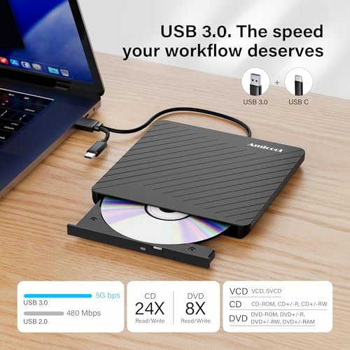 Image of Amicool External USB-C USB 3.0 CD /DVD Drive Burner + /-RW, Ultra-Slim Portable DVD Player Writer Reader for Mac iMac MacBook, Windows 11 /10 /8 Linux, Laptop Desktop PC Computer Optical Drive