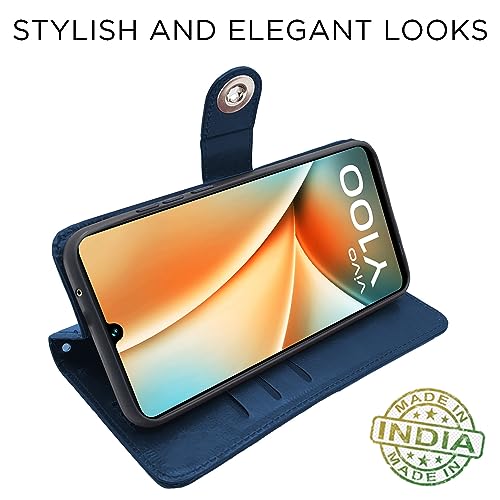 Image of Pikkme Vivo Y100 5G Flip Cover Leather Finish | Inside TPU with Card Pockets | Wallet Stand and Shock Proof | Complete Protection Button Flip Case (Blue)