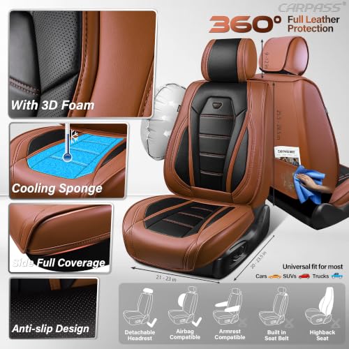Image of CAR PASS Nappa Leather Car Seat Covers Full Set Faux Leather,Black Brown | Luxury Nappa Leather,360 Full Protection,Water resistant,3D Foam Comfort,Universal Fit for Most Cars SUV Truck,Scratch proof