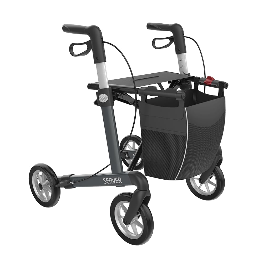 rehasense ligero Andador Server gris para personas mayores con extraíble Bolsa de la compra, cómodo y crampones, altura regulable, plegable y hasta 150 kg de carga