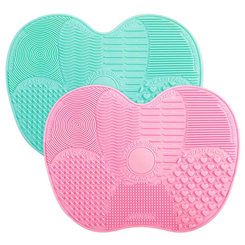 Makeup Brush Cleaning Mat, Easkep Silicone Cleaner Pad Portable Washing Tool Scrubber with Suction Cup Set of 2 Cosmetic (Green+Pink)