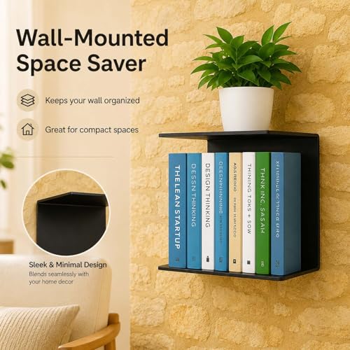 Image of Go Hooked Heavy Duty Metal Wall Mounted Book Shelves for Study Room, Living Room and Bedrooms (2 Pcs) (Black)