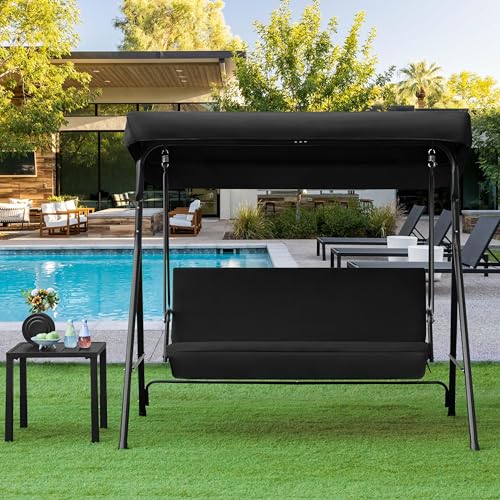 Yaheetech Schaukelbank Hollywoodschaukel 3-Sitzer Gartenschaukel mit Sonnendach Hängeschaukel mit Verstellbarem Ersatzbach bis 250 kg Belastbar Schwarz