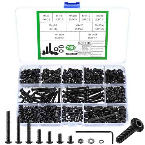 Tornillos M4, 760 Pcs Tornillos y Tuercas y Arandelas Kit, Tornillos de Cabeza Hueca Hexagonales, Tornillería Tornillos de...